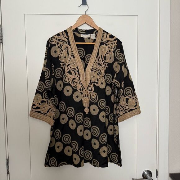Soft Surroundings Top Tunic Womens Sz L Black Gold Embroidered V Neck Boho Fest - Picture 1 of 13